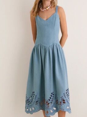 LOVE! NWT Tuckernuck Moon River Denim Eyelet Midi Dress Sz XSmall 0 2